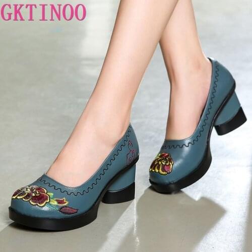 GKTINOO Spring Women Pumps Retro Embroider Lady 7.5CM High Heels Slip On Platform Pumps Handmade Women Genuine Leather Shoes