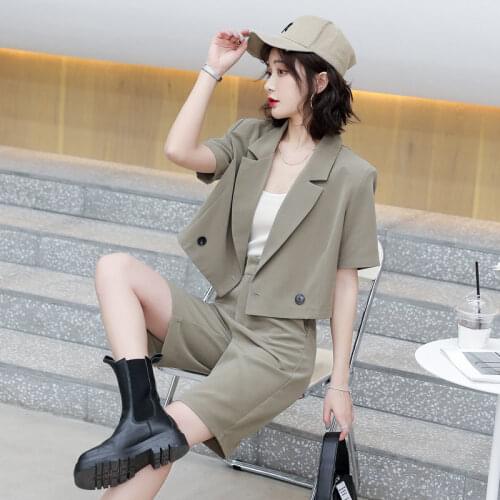 Spring Summer Solid Blazer Casual Shorts Suits 2021 Female Lapel Fashion Loose Tops Women Suits Ladies Streetwear Two Piece Set