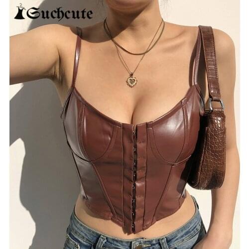 SUCHCUTE Gothic PU Leather Sleeveless Solid Color Bustier Tops For Women Punk Party Clubwear Button Streetwear Corset Crop Tops