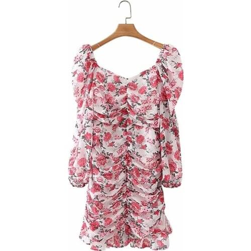 Elegant Ruffles Floral Print Mini Dress Women 2021 Spring Summer Long Sleeve Sexy Summer Dresses Women Clothing