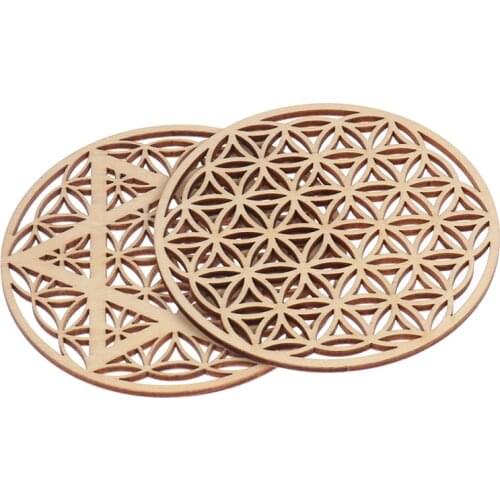 1PC Chakra Flower of life Natural Symbol Wood Round Edge Circles Carved Coaster For Stone Crystal Set DIY Decor