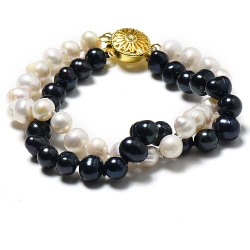 7-8 MM Freshwater Natural pearl Bracelet WITH two Strands of pearls mixed in two Black and white Colors