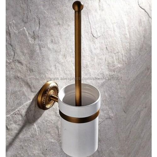 Antique Brass Wall Mounted Toilet Brush Holder Bathroom Accessories Set Bath Products Ceramic Cup with Cleaning Brusher Nba271