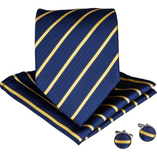 DiBanGu Blue Yellow Striped Mens Big Size Ties With Handkerchief Cufflinks 160CM Silk Neck Ties Set For Mens Wedding MJ-7529