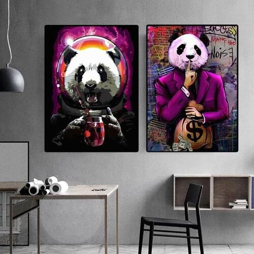 Purple graffiti panda police canvas prints abstract panda astronaut Cartoon Wall Art Pictures For living Room Home Decor