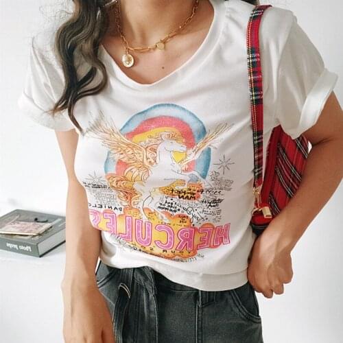 WOMENGAGA Women Pegasus Print Short Sleeve T-shirt Summer Hot Casual Loose Girl Female Tees Korean Women Top QEU6