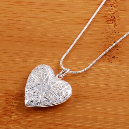Hot 925 Sterling Silver Pattern heart photo frame Pendant Necklace For Women 18 inches Christmas gift fashion wedding Jewelry