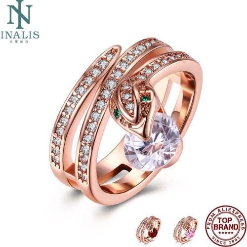 INALIS Snake Rings Rose Gold Plated Shine 5A Clear Cubic Zirconia Anniversary 3 Color Ring For Women Fashion Jewelry New Arrival