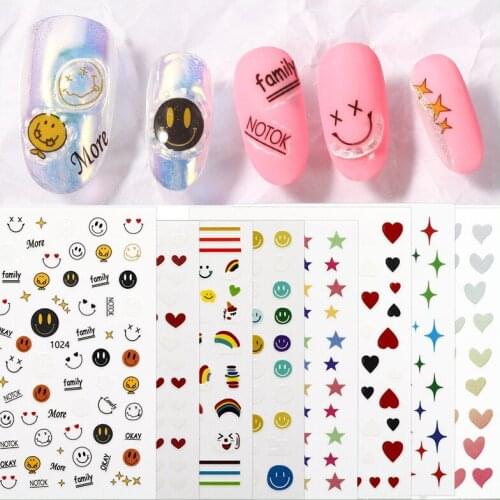 Kawaii 3D Nail Art Stickers Smiling Face Heart Star Rainbow Words Water Decals Manicure Accesorios 2021 New Design Decorations