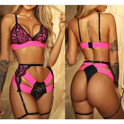2021 New Women Sexy Three-piece Lingerie Set, Rosy Lace Hem Underwear + Panties + Garters