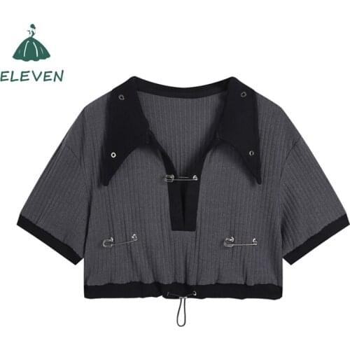 Short Knit Top Womens Street Summer Short-Sleeved Harajuku Loose Navel Babes Design Sense Drawstring Lapel T-shirt