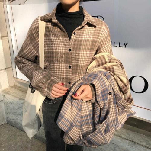 Winter gray Plaid Jacket Coat Women Streetwear Long Leeve Thick Wool Fashion Pocket Oversized Lapel Autumn Shirts Coats vintage