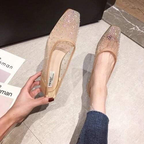 Hot Sales Air Mesh Flats Women Square Toe Hollow Transparent Rhinestone Crystal Women Flats Slip On Spring Summer Shallow Flats