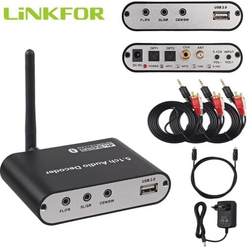 LiNKFOR 5.1CH Bluetooth Audio Decoder with DAC Receiver 5.0 Wireless Audio Optical Adapter Coaxial AUX USB Disk Play Support DTS