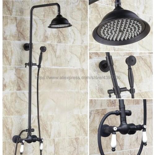 Oil Rubbed Bronze Wall Mounted Shower Set Faucet Dual Handle with Hand Sprayer Bathroom Shower Mixers 8" Rainfall Brs472