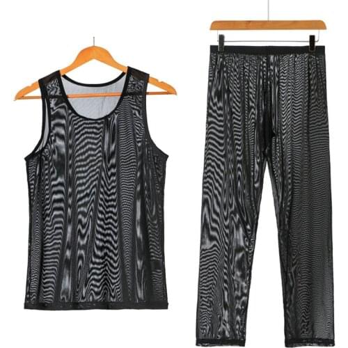 Mens Undershirts Sets 2 Piece Mesh See Through Tank Tops Pants Shorts Sexy Fishnet Underwear Tracksuit Nightwear Sports Suits