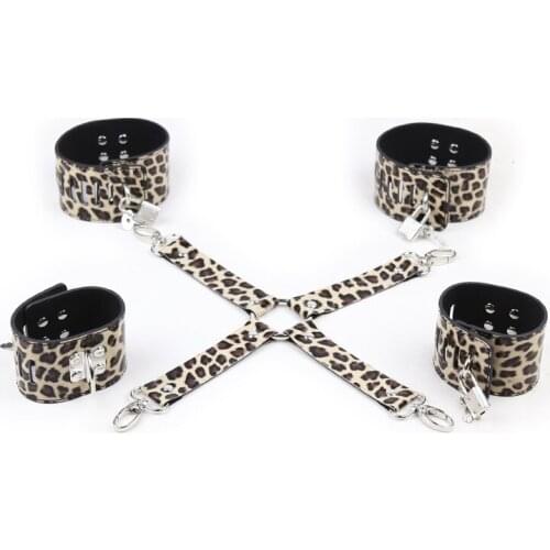 Erotic Bondage Restraints Set Sex Handcuffs Anklecuffs Fetish Leopard Print Leather Sex Toys Adult Games for Couples