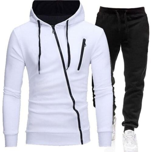 Solid color 2020 new mens solid color leisure high quality Hoodie + trousers suit mens pull rope diagonal zipper pants suit