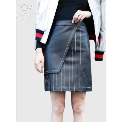 Office style women black striped spliced genuine leather sheepskin lamb A-Line skirt faldas jupe saia etek etek gonne LT1574