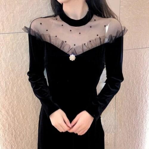 2021 Autumn Vintage Velvet Dress Women Lace Design Black Y2k Midi Dress Long Sleeve Evening Party Dress Dress Korean Fashion
