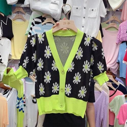 V Neck Long Sleeve Single Breast Knit Sweater Cardigans Women Vintage Flowers Loose Pull Femme Coat Spring 2021 New Sueter