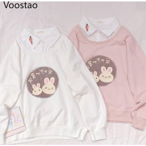 Sweet Loose Lolita Sweatshirt Spring Women Cute Fake Two Pieces Korean Cartoon Rabbit Print Hoodies Girly Autumn Pullover Tops