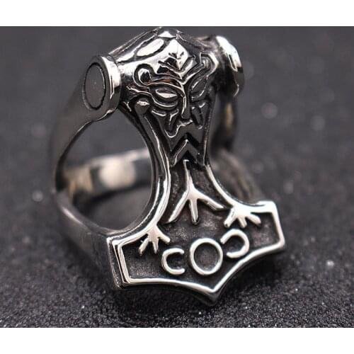 Viking Mjolnir Thors Hammer Trinity Knot Ring Mens Nordic Rune Stainless Steel Punk Rock Rings Male Amulet Jewelry
