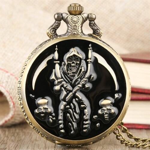Punk Vintage Skull Pattern Quartz Pocket Watch Bronze Necklace Watch Men Women Full Hunter Pendant Pocket Clock Gifts