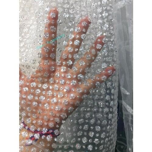 High quality French tulle lace in white color BZL-49542 embroidery clothing material 5 yards African fabric with glued glitter