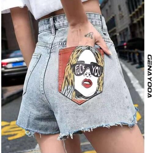 Fashion Street Clothing Cartoon Portrait Pocket Print Asymmetric High Waist Shorts Jeans 2021 Summer Korean Denim Shorts Ladies