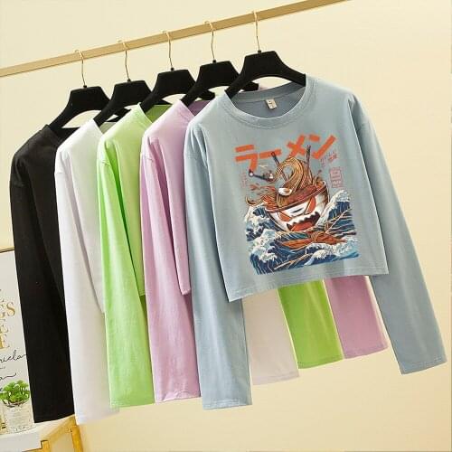 Japanese Style Womens Tshirts Ulzzang Vintage Streetwear Graphic Tees Long Sleeve Summer Tops for Women Cotton O-Neck T-Shirts
