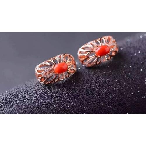 Natural red coral earrings 925 silver Natural gemstone earring women Classic elegant round Earrings jewelry for wedding