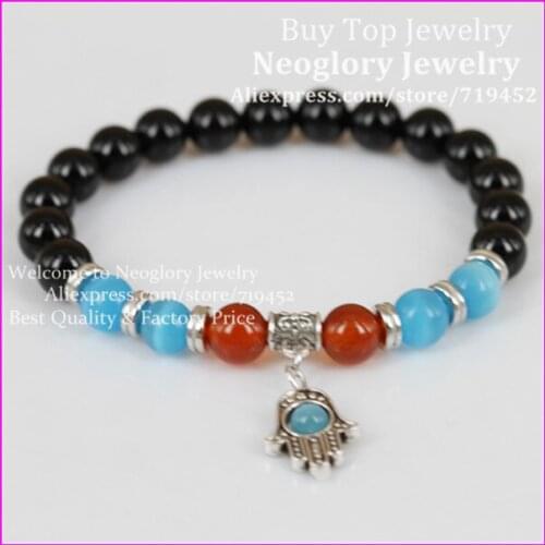 10pcs New Design Hot Sale Onyx Stone Hamsa Bracelet, Antique Silver Color Yoga Hamsa Hand Stone Bead Bracelet Healing Bracelet