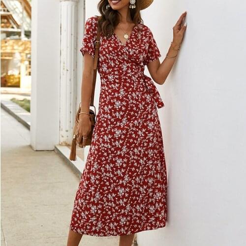 2020 Summer Dress Floral Chiffon Midi Dress Plus Size Boho Dresses V-neck Elegant Women Party Short Sleeve Dress Vestidos