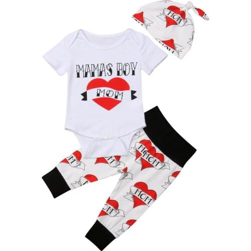 3PCS Newborn Infant MAMAs Boy Baby Clothes Long Sleeve Bodysuit Pants Hat Outfits Size 0-24M