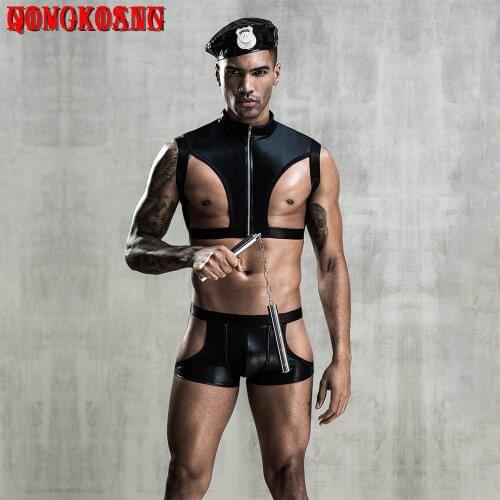 4 Pieces 2020 New Faux Leather Men Fancy Halloween Top Open Chest Tee Panties Two Pole Hat Outfit Sexy Police Cosplay Costumes