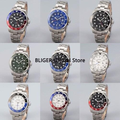 BLIGER 40mm Black Dial Red Black Rotating Bezel GMT Function Luxury Brand Stainless Steel Band Automatic Movement Mens Watch