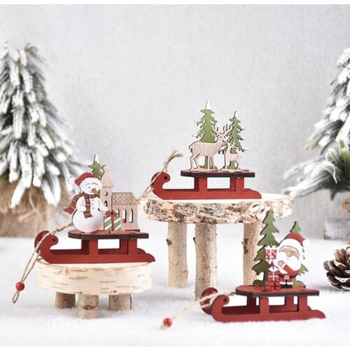 Wooden Sled Christmas Ornaments Cute Kawaii Home Decoration Cartoon Santa Claus Snowman Elk Christmas Decor DIY House