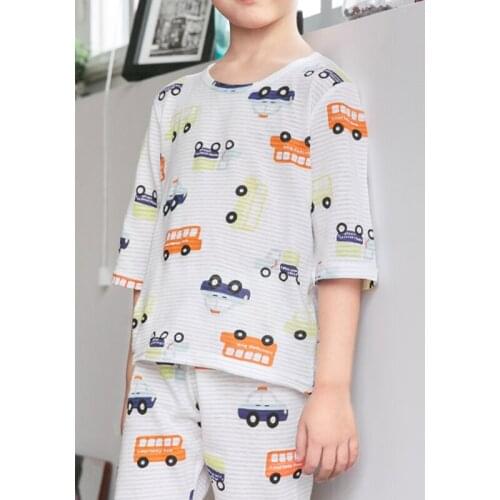 Children cotton boys girls short sleeve shorts white summer home round neck cartoon printed pajamas on sale