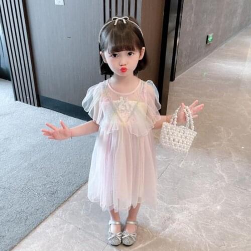 New Arrival 2021 Summer Baby Rainbow Mesh Dress Kids Fashion Sleeveless Lace Princess Dress Ball Gown Children Clothes For 2-7T