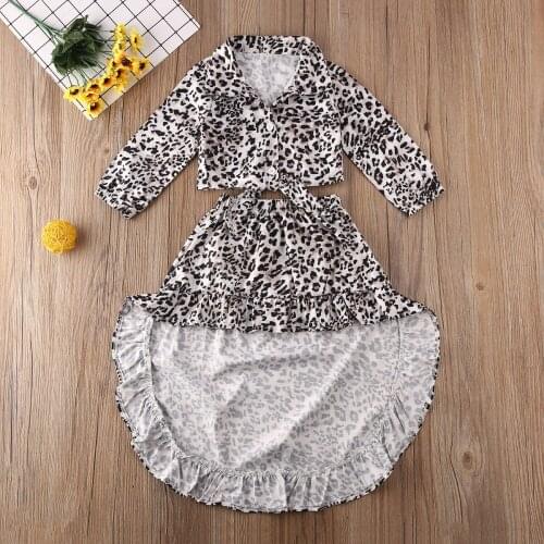 Emmababy Autumn 2PCS Fashion Toddler Baby Girl Crop Long Sleeve Top Irregular Dress Leopard Outfit Clothes Set 1-6Years