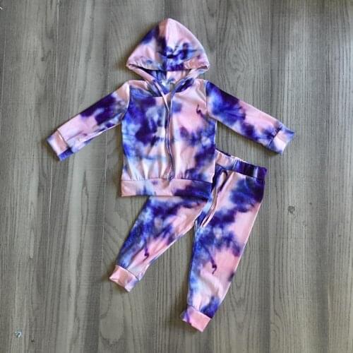 Girlymax Winter Baby Girls Cotton Long Sleeve Homewear Purple Tie Dye Hoodie Children Clothes Loungewear Outfits Boutique Set