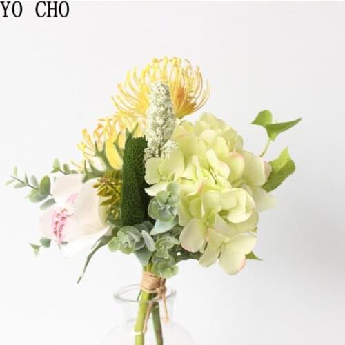 YO CHO Artificial Flowers Hydrangea Rose Silk Bouquet Wedding Decoration Immitation Eucylaptus Fake Flowers Table Home DIY Decor