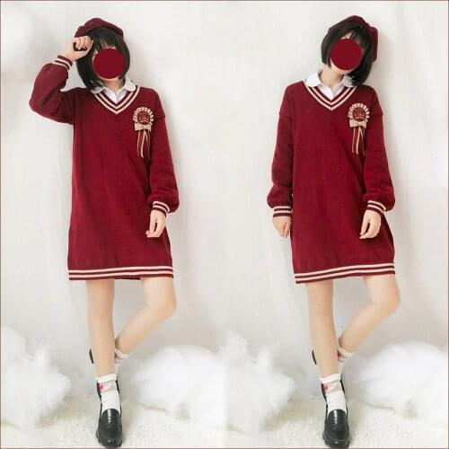 Preppy Style Chest Pin Cute Winter Sweater Knitted Dress Winter Long Sleeve Japanese JK Loose Dress Color Wine Red