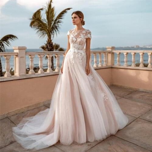 Fashion Scoop See Through Lace Applique Zipper Back Cap Sleeve Tulle A-Line Wedding Dresses 2021 Vestido De Noiva