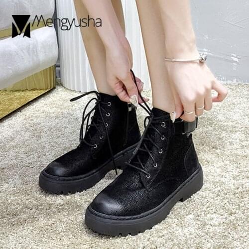 Celebrity Buckle band riding botas lace up winter boots women pu leather shoes thick heels round toe ankle short bottine femme