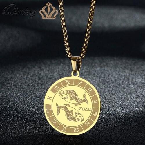 Trendy Zodiac Sign Charm Necklace For Women Fish Symbol Stainless Steel Jewelry Constellation Amulet Pisces Necklace Gift