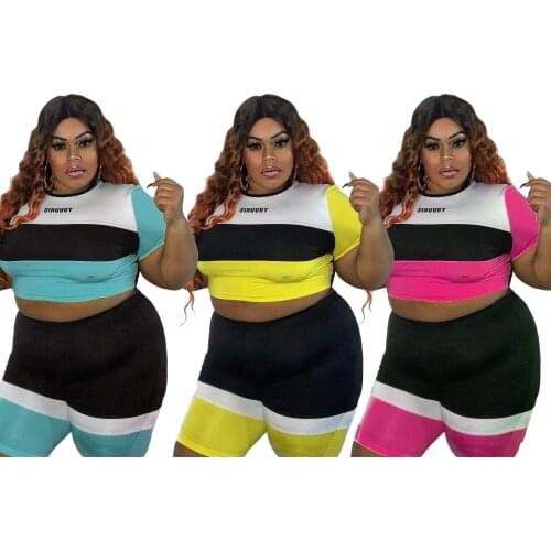Plus Size 2 Piece Matching Set Tracksuit 2021 Striped Contrast Color Patchwork Slim Fit Top Skinny Short Casual Fitness Outfits