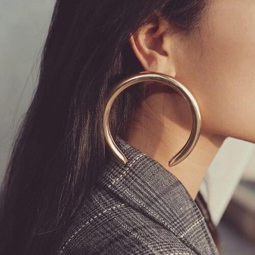 SRCOI Trendy Big Open Round Hip Hop Style Earrings Exaggerated Punk Gold Silver Color Semicircle Circle Metal Earring For Women