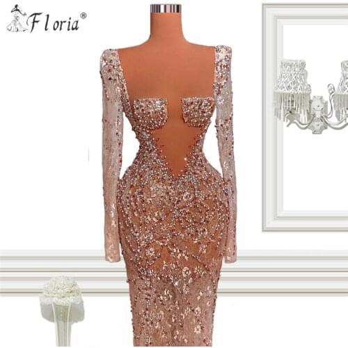 Long Sleeve Sheer Neck Evening Dresses 2021 Mermaid Lace Islamic Dubai Saudi Arabic Bling Bling Formal Party Dress Prom Gowns